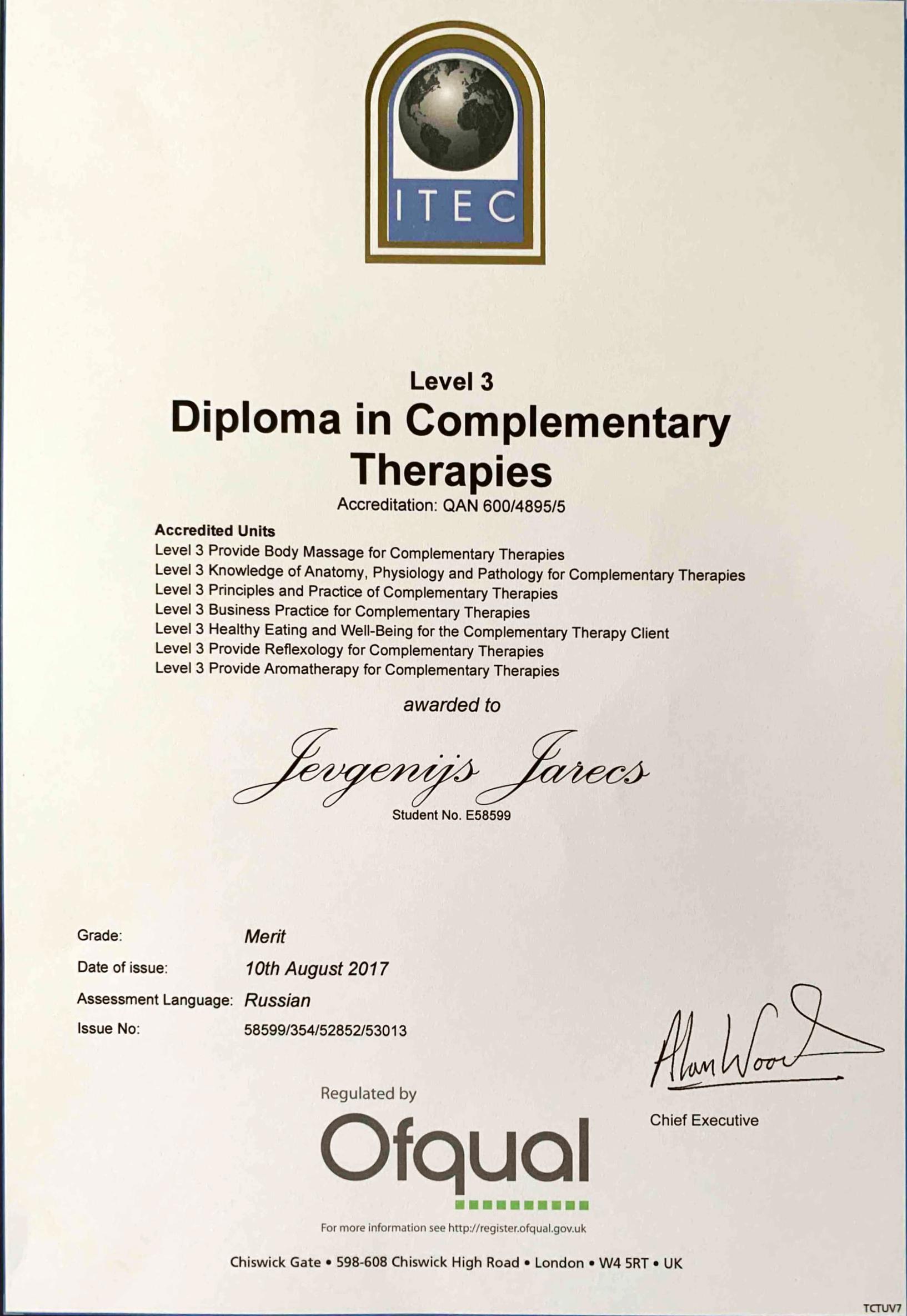 ITEC level 3 diploma complementary therapies (2017)